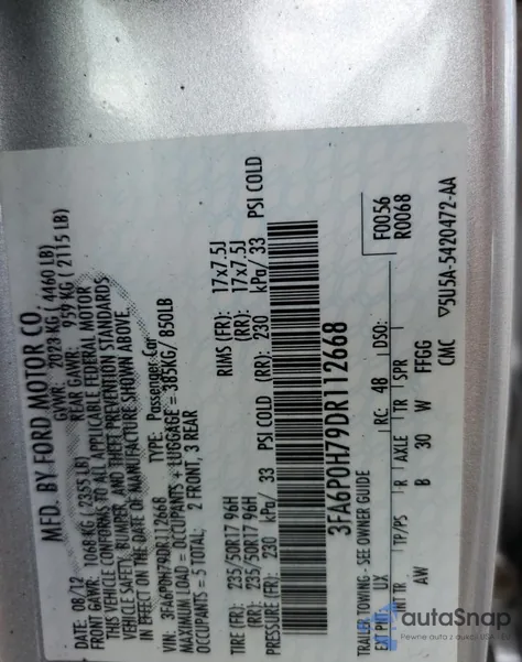 2013 Ford Fusion Se из США, поврежденный, VIN 3FA6P0H79DR112668